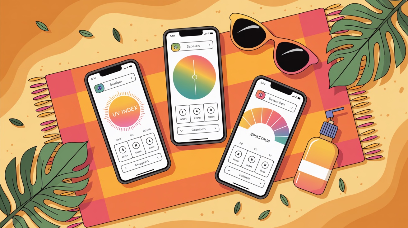 Collection of top tanning apps compared on iPhone showing UV index and skin analysis features