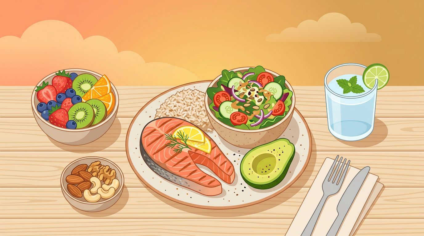 Colorful spread of watermelon slices carrots mangoes and berries laid out on a towel for a tanning session