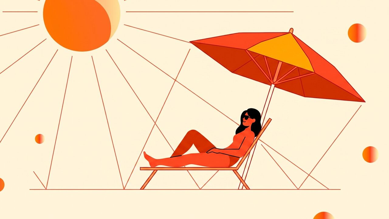 Person relaxing under a beach umbrella with visible scattered light rays and sand reflection illustrated around them