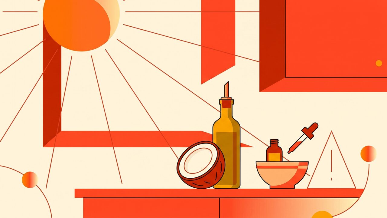 Small glass bottles of coconut, olive, and carrot seed oil arranged on a wooden table with a measuring dropper