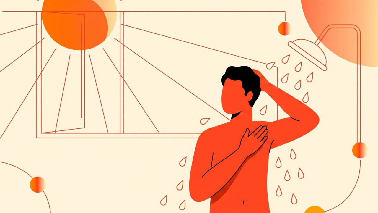 Person stepping into a shower with a clock overlay showing a wait-time countdown after sun tanning