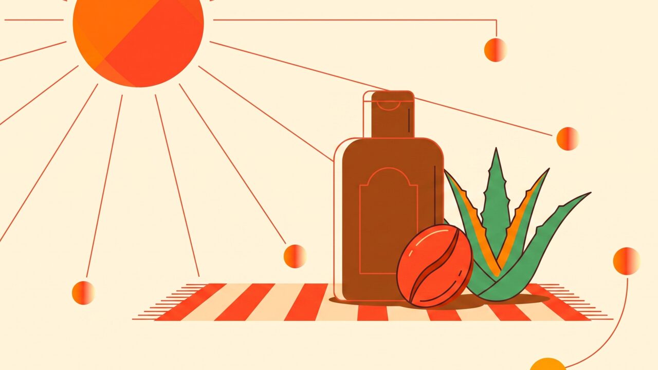 Bottle of Maui Babe Browning Lotion on a beach towel next to sunglasses and a bottle of sunscreen