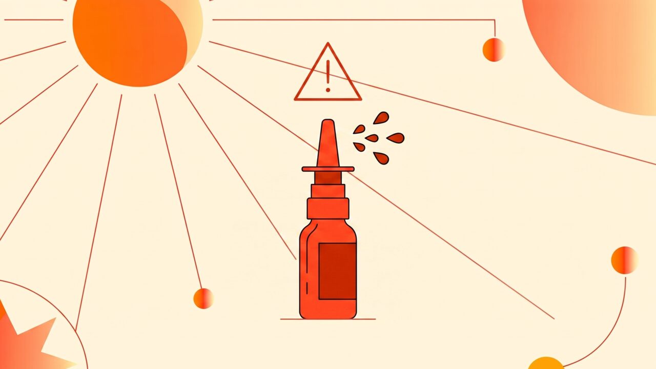 Nasal spray bottle next to a warning symbol and a magnified mole, illustrating the risks of unlicensed tanning peptides