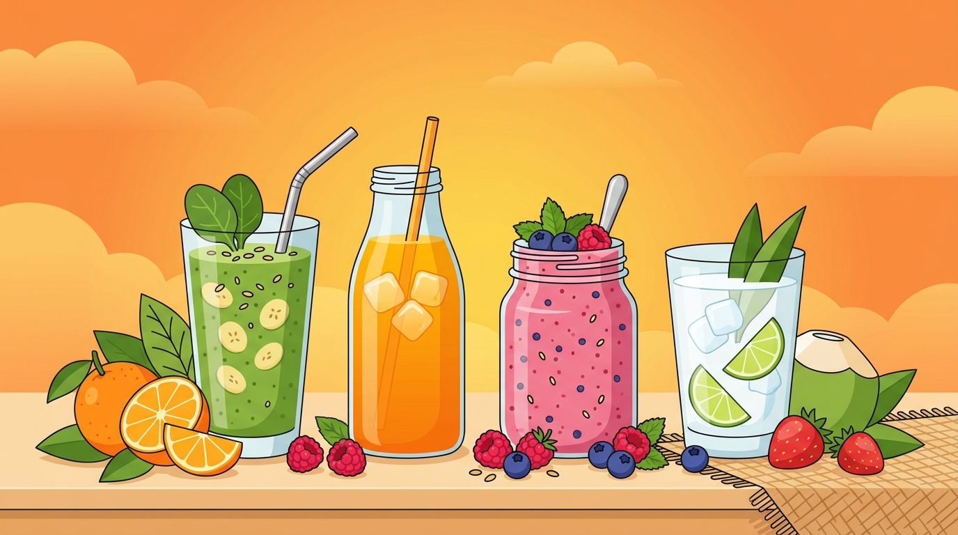Colorful smoothies with mango, berries, and tropical fruits