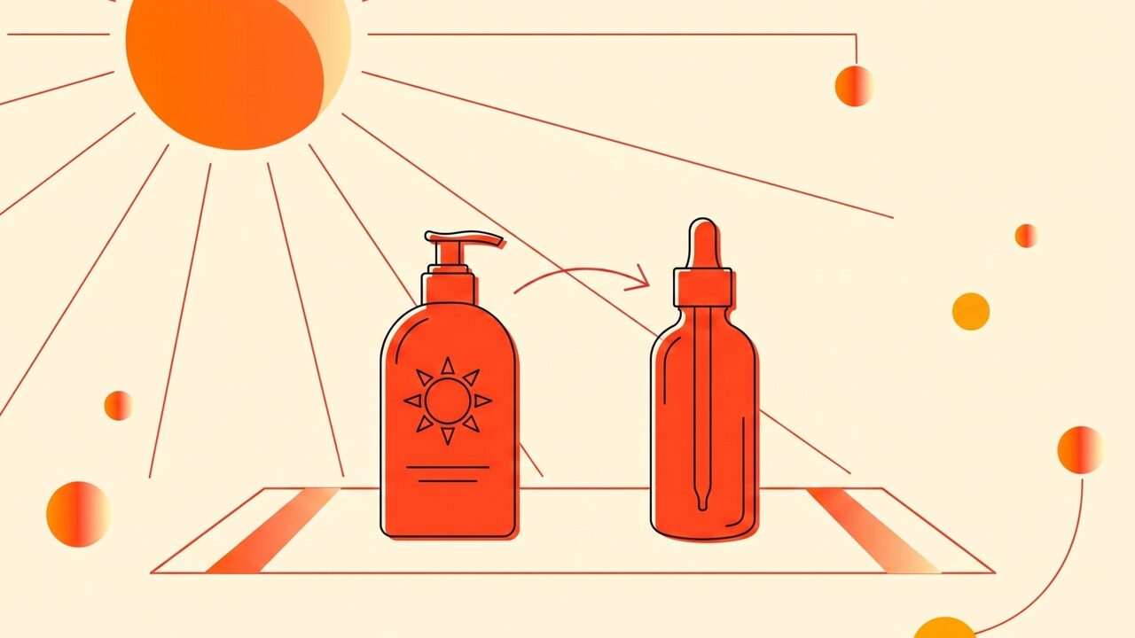 Two bottles, sunscreen and tanning oil, side by side with a numbered layering diagram on skin