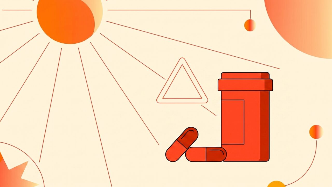 Pill bottle next to a sun icon with a warning symbol, illustrating drug-induced photosensitivity