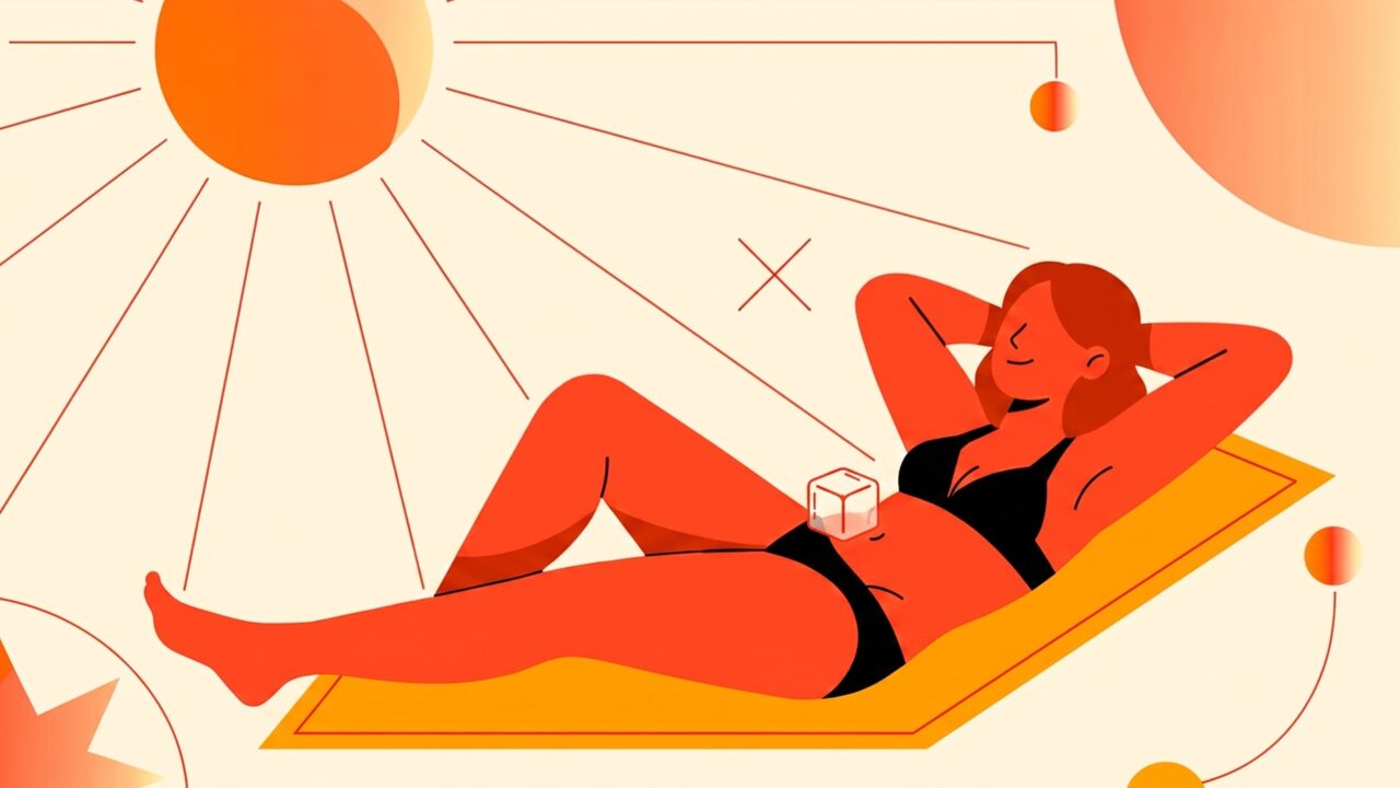 Split illustration showing common tanning myth props — ice cube, black towel, spray bottle, trampoline — each with a small red X
