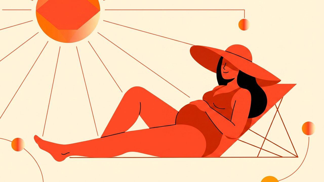 Pregnant woman in the shade with a sun hat, illustrating safe sun exposure during pregnancy