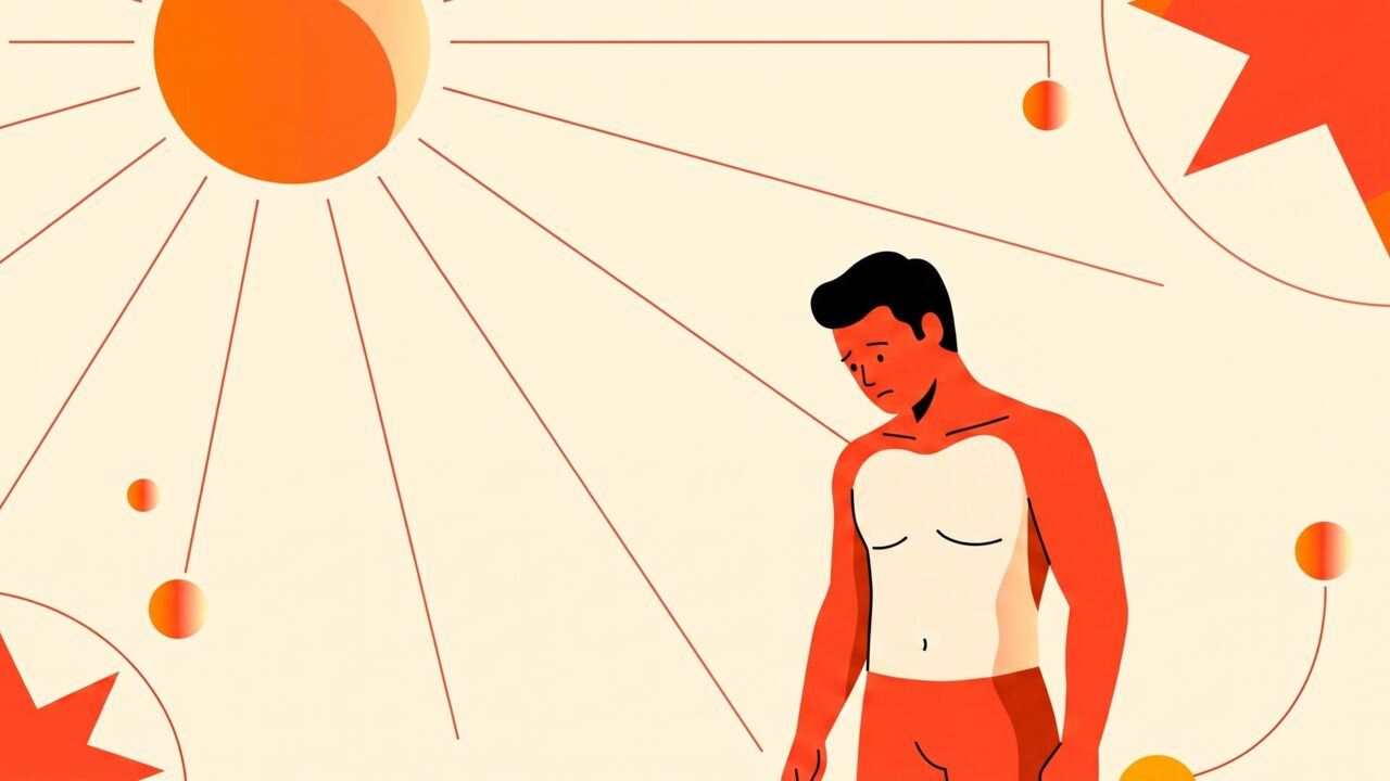 Outline of a human body with different shading levels on chest, face, and legs illustrating uneven tanning